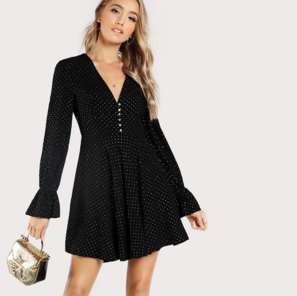 SHEIN Black & Gold Button Accented Dress